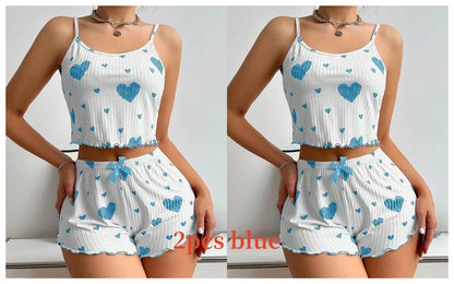 Women's Pajamas Set Sleepwear 2 PCS Short Tank Tops And Shorts S M L White Ventilate Soft Casual Love Printing - image 11