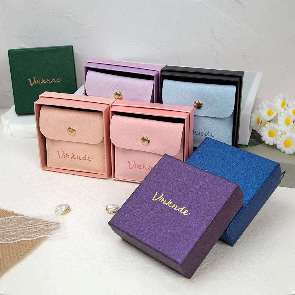 24/50/100Set Personalized Logo 9x9x3cm Jewelry Paper Box With 8x8cm Microfiber Snap Bag Jewellery Earrings Rings Brooch Boxe…