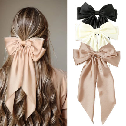 Korean Accessories Hair Clips for Women Girls Big Bowknot Solid Satin Long Ribbon Bows Spring Clamp Barette Cheveux Femme 20…