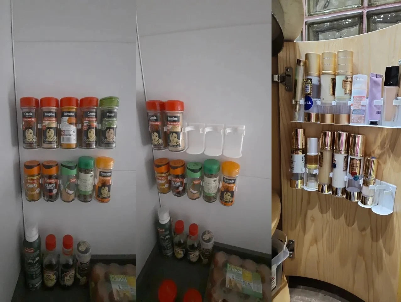 Wall Mounted Spice Bottle Storage Rack Kitchen Seasoning Holder Adhesive Plastic Clip Cabinet Door Spice Jar/Cosmetic Dispen…