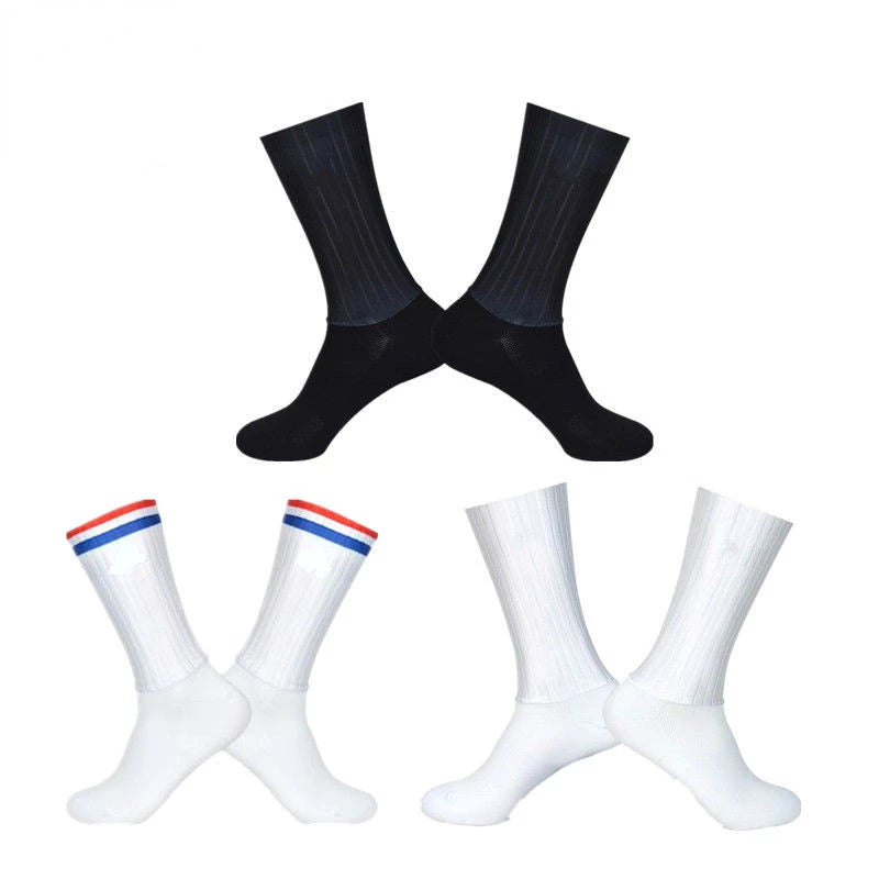 Aero Cycling Summer Anti Socks Whiteline Slip Silicone Socks Men Bicycle Sport Running Bike Socks Calcetines Ciclismo - imag…