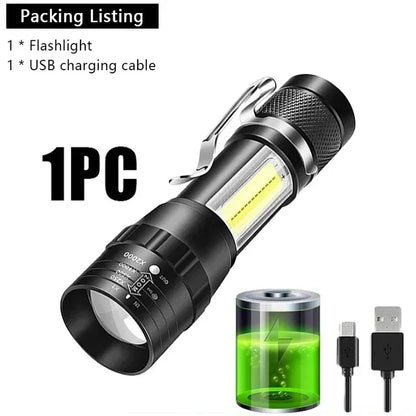 Portable Rechargeable LED Flashlight with Pen Clip Zoomable Waterproof Torch with Side Light Outdoor Camping Emergency Lante…