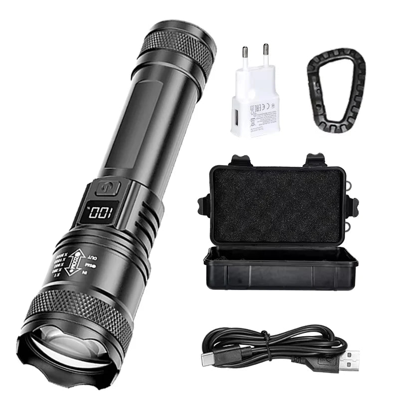 High Strong Power Led Flashlights 300000LM Tactical Torch with Display Light USB Charging Camping Fishing Defensa Zoom Lante…
