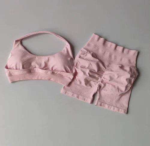 Sexy Halter Neck Beautiful Back High Waist Peach Sports Bras Shorts Suit Pilates Gathering Yoga Vest Training Fitness Bra Se…
