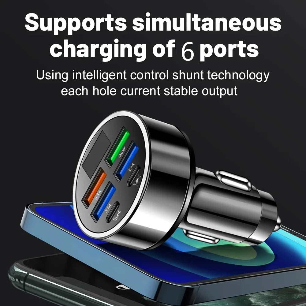 6-in-1 Fast Charging Car Adapter 3.1A Dual Type-C Digital Display Smartphones Tablets Power Banks Black Portable Charger - i…