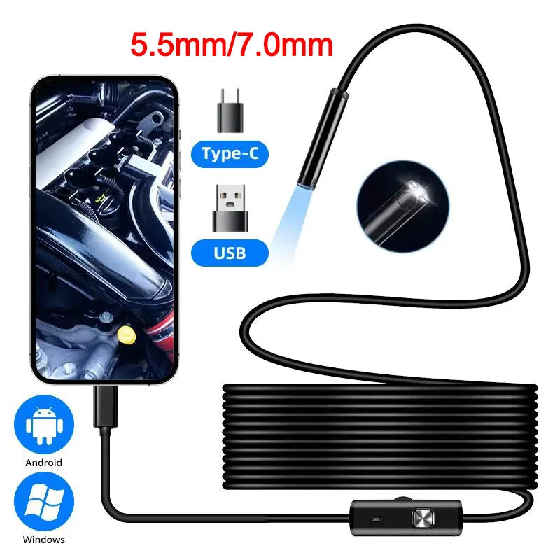 5.5/7.0MM Type-C Endoscope Camera with 6 Adjustable LEDs USB Android Flexible Inspection Borescope for Phone PC