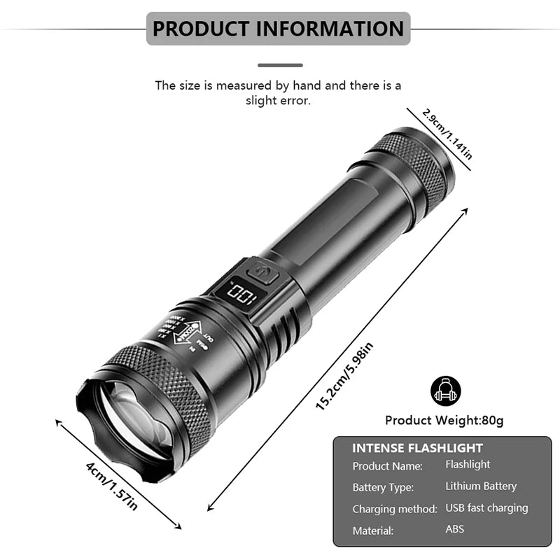 Rechargeable LED Flashlight Zoomable Torch with LCD Display 3 Modes Waterproof High Power Hand Light Outdoor Wilderness Camp…
