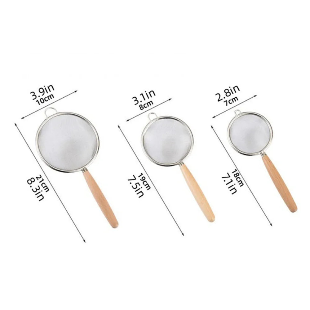 1/3pcs Stainless Steel Colander with Wooden Long Handle Hanging Ear Kitchen Strainer Filter Fine Mesh Sieve Sifter Kitchen T…