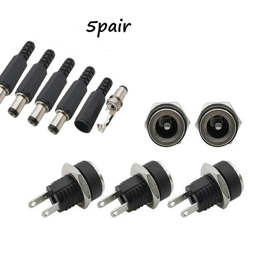 5 Pair DC 12V Male Female Socket Panel Mount Barrels Jack Plug Power Connector Female Jack Screw Nut Panel Mount Connector -…