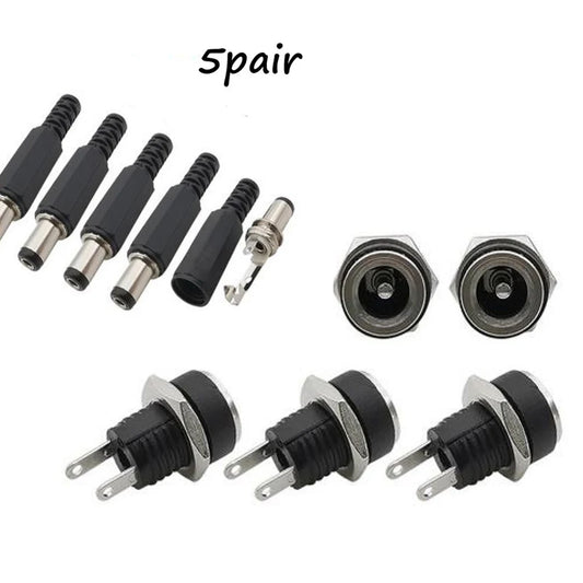5 Pair DC 12V Male Female Socket Panel Mount Barrels Jack Plug Power Connector Female Jack Screw Nut Panel Mount Connector -…