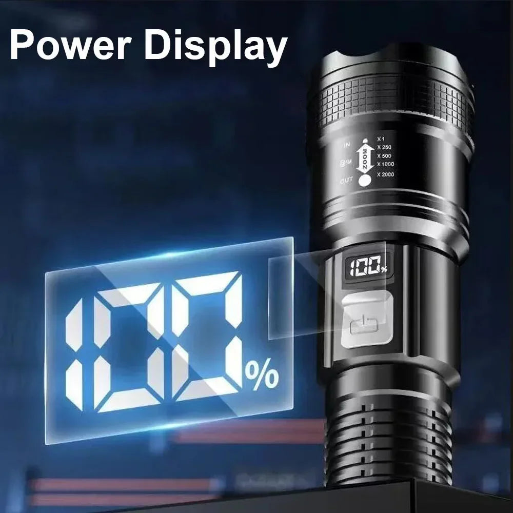 High Strong Power Led Flashlights 300000LM Tactical Torch with Display Light USB Charging Camping Fishing Defensa Zoom Lante…