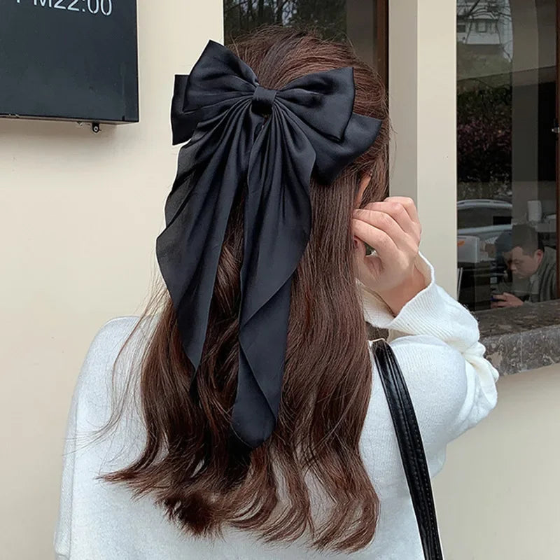 Korean Accessories Hair Clips for Women Girls Big Bowknot Solid Satin Long Ribbon Bows Spring Clamp Barette Cheveux Femme 20…