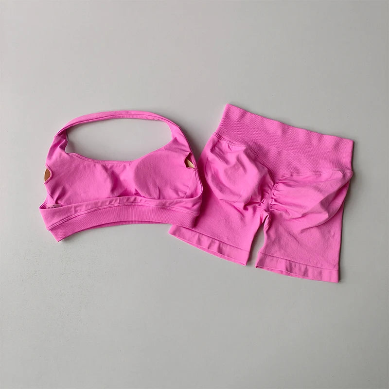 Sexy Halter Neck Beautiful Back High Waist Peach Sports Bras Shorts Suit Pilates Gathering Yoga Vest Training Fitness Bra Se…