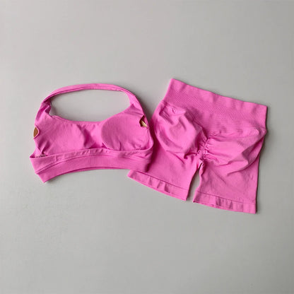 Sexy Halter Neck Beautiful Back High Waist Peach Sports Bras Shorts Suit Pilates Gathering Yoga Vest Training Fitness Bra Se…