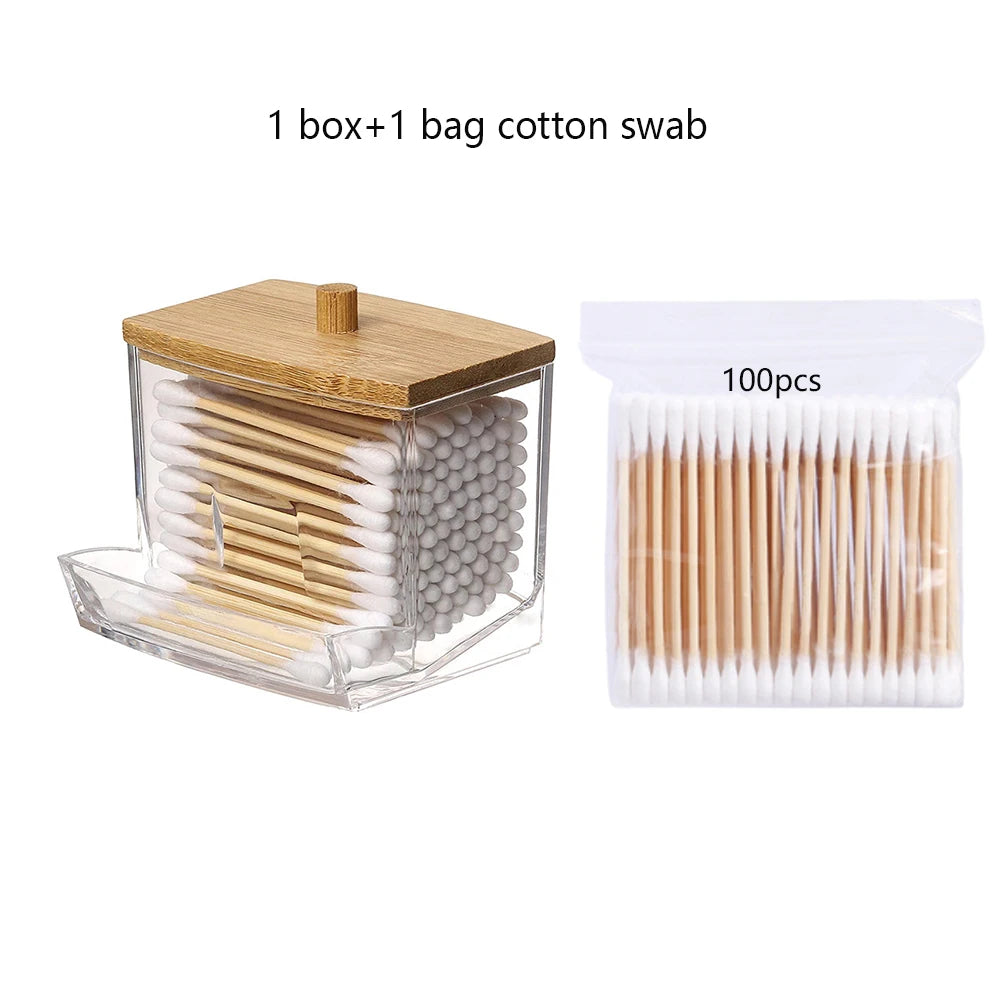 Cotton Swab Storage Box Double Head Cotton Buds Container Transparent Square Bamboo Cover Cotton Swab Toothpick Organize Box…