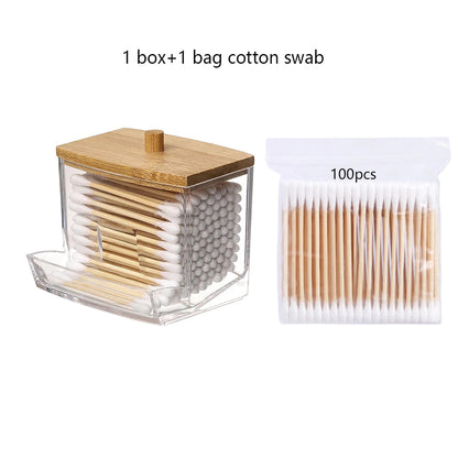 Cotton Swab Storage Box Double Head Cotton Buds Container Transparent Square Bamboo Cover Cotton Swab Toothpick Organize Box…