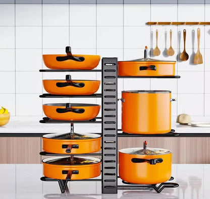 HTMCK Space-Saving 8-Tier Pot Rack Organizer - Durable Metal Holder for Pans, Pots, and Lids to Keep Your Kitchen Neat and T…