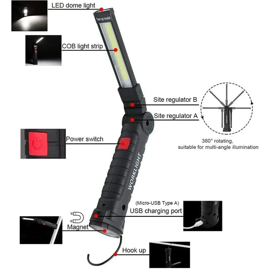 Portable COB LED Work Light USB Rechargeable LED Flashlight Inspection Lamp With Magnetic Hook Power Bank 18650 Battery Torc…