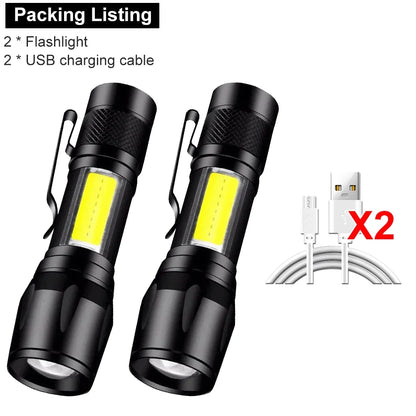 Mini LED Flashlight COB+XPE Portable Torch USB Charging Camping Lantern Zoomable Focus Light Tactical Flashlight with Pen Cl…