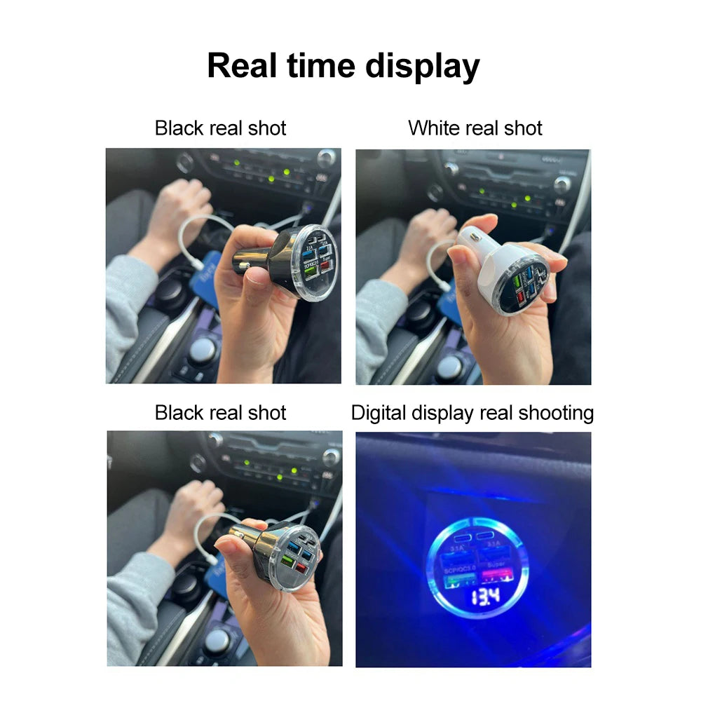 250W PD Car Charger QC3.0 Fast Charge two to Six Port Car Cigarette Lighter Plug Car Charger Flash Charge with Digital Displ…