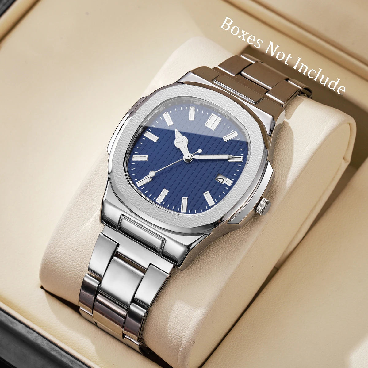 Luxury Men Business Watches Fashion Square Dial Stainless Steel Strap Quartz Watch with Calendar For Mens Clock（Without Box）…