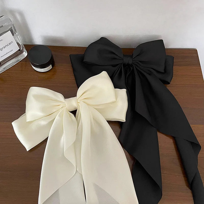 Korean Accessories Hair Clips for Women Girls Big Bowknot Solid Satin Long Ribbon Bows Spring Clamp Barette Cheveux Femme 20…