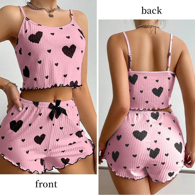 Women's Pajamas Set Sleepwear 2 PCS Short Tank Tops And Shorts S M L White Ventilate Soft Casual Love Printing - image 5