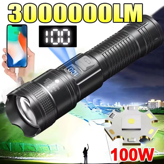 High Strong Power Led Flashlights 300000LM Tactical Torch with Display Light USB Charging Camping Fishing Defensa Zoom Lante…