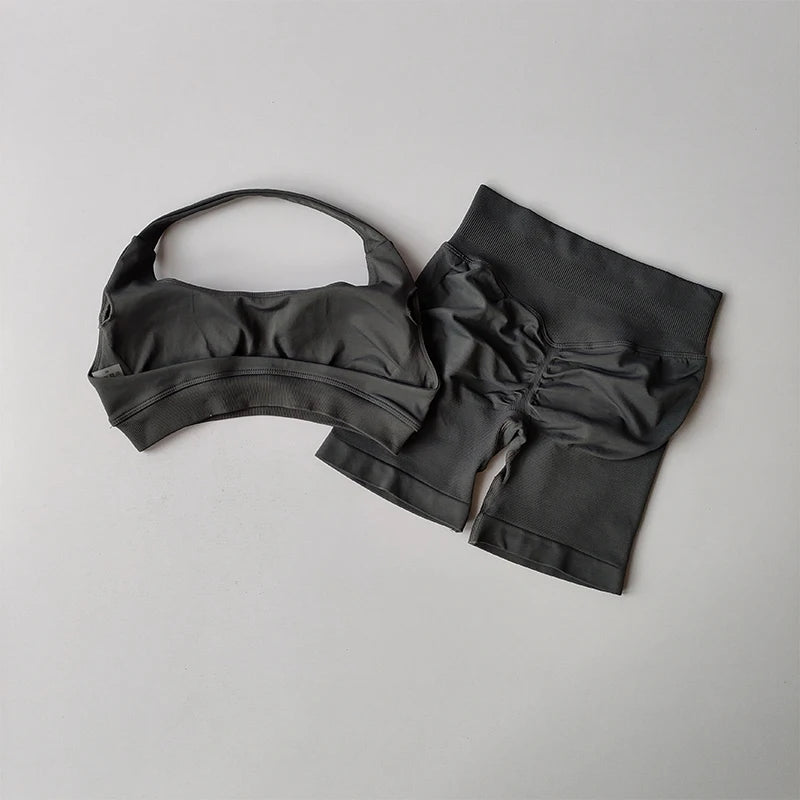 Sexy Halter Neck Beautiful Back High Waist Peach Sports Bras Shorts Suit Pilates Gathering Yoga Vest Training Fitness Bra Se…
