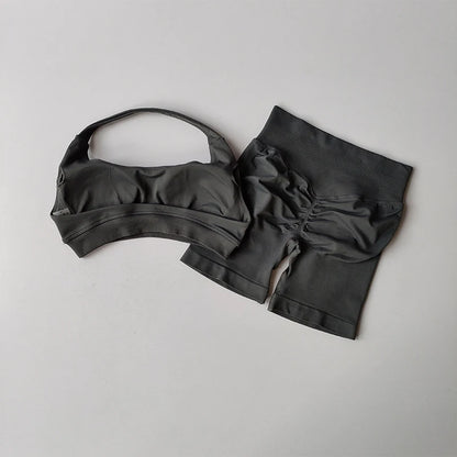 Sexy Halter Neck Beautiful Back High Waist Peach Sports Bras Shorts Suit Pilates Gathering Yoga Vest Training Fitness Bra Se…