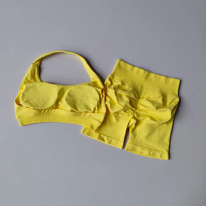 Sexy Halter Neck Beautiful Back High Waist Peach Sports Bras Shorts Suit Pilates Gathering Yoga Vest Training Fitness Bra Se…