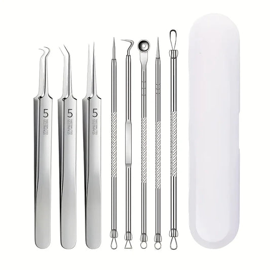 8-Piece Blackhead Remover Kit – Stainless Steel Blemish & Acne Extraction Tools – Professional Pimple Popper Set for All Ski…