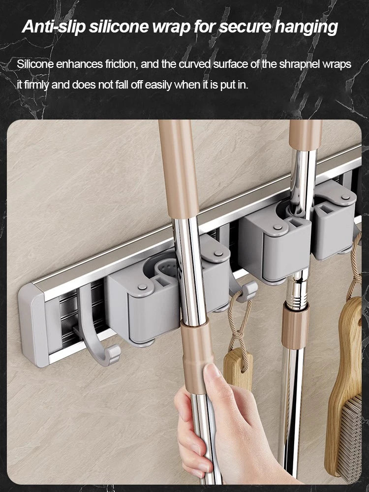 Mop and Broom Organizer Mop Holder Rack Mop Holder Wall Mounted Strong Broom Mop Holder Shelf with Hooks Organizers Hang Bro…