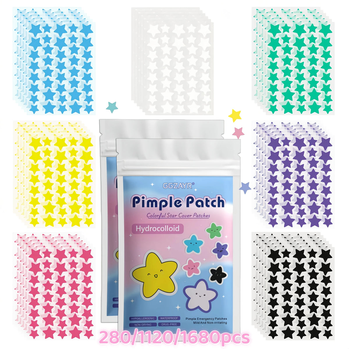 280/1120/1680pcs Seven-Color Star Pimple Patches – Invisible Hydrocolloid Dots for Fun & Gentle Skincare