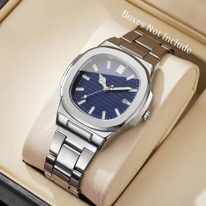 Luxury Men Business Watches Fashion Square Dial Stainless Steel Strap Quartz Watch with Calendar For Mens Clock（Without Box）…