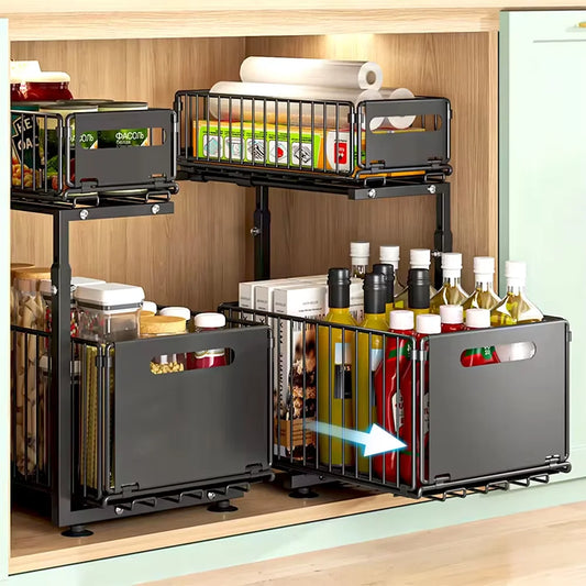 2 Tier Pull Out Cabinet Organizer Adjustable Kitchen Storage Rack Under Sink Organizer Spice Jar Storage Rack Slide Out Draw…