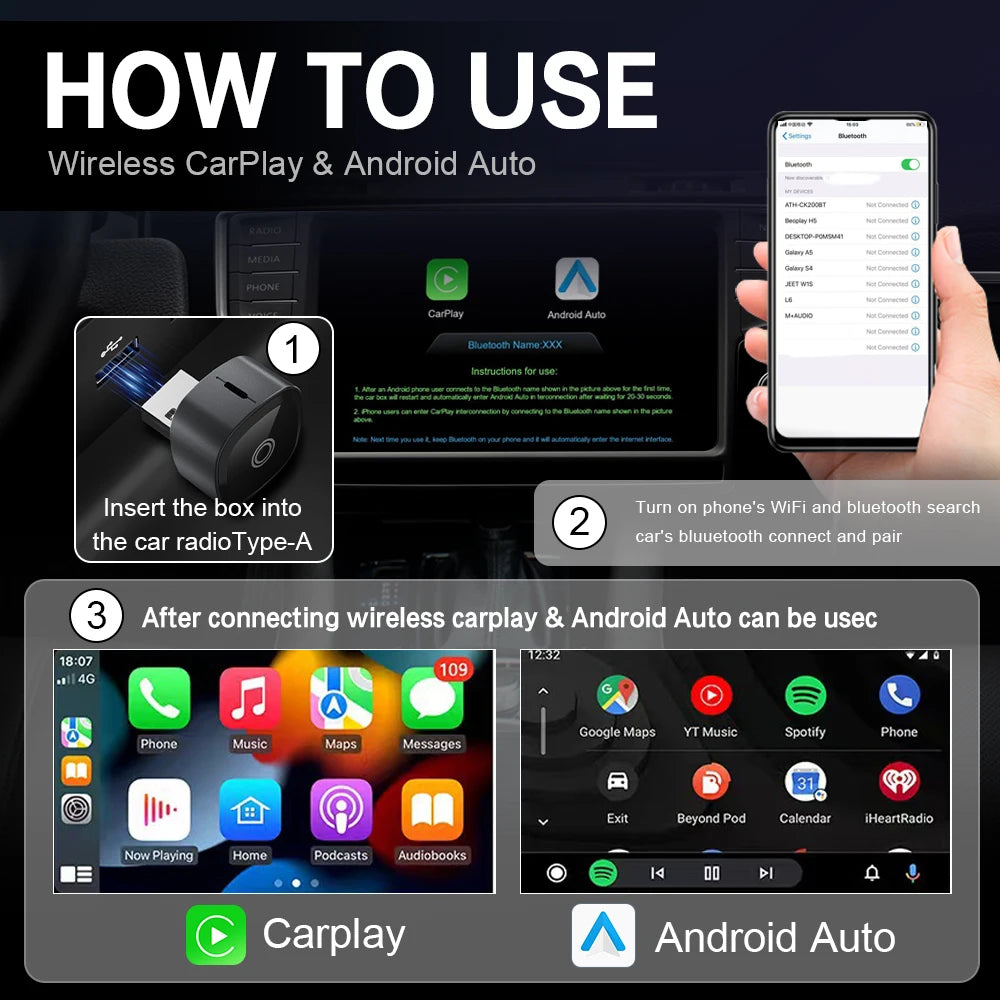 XUDA 2in1 Wireless CarPlay Adapter Android Auto AI Smart Box Car Intelligent Systems For VW Toyota Nissan Honda Ford Benz -…