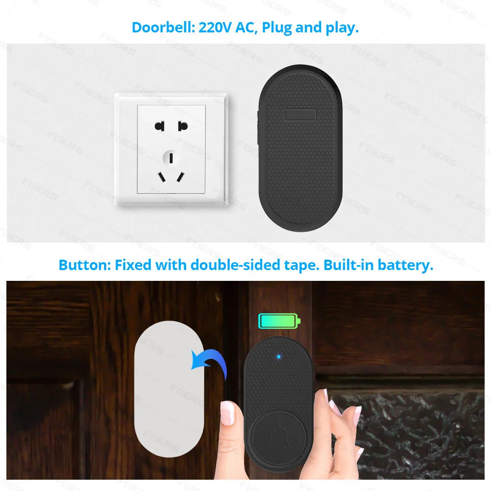 Fuers Wireless Doorbell Waterproof Button Welcome Chime Home Door Bell Intelligent 32 Songs Smart Melodies Alarm With Batter…