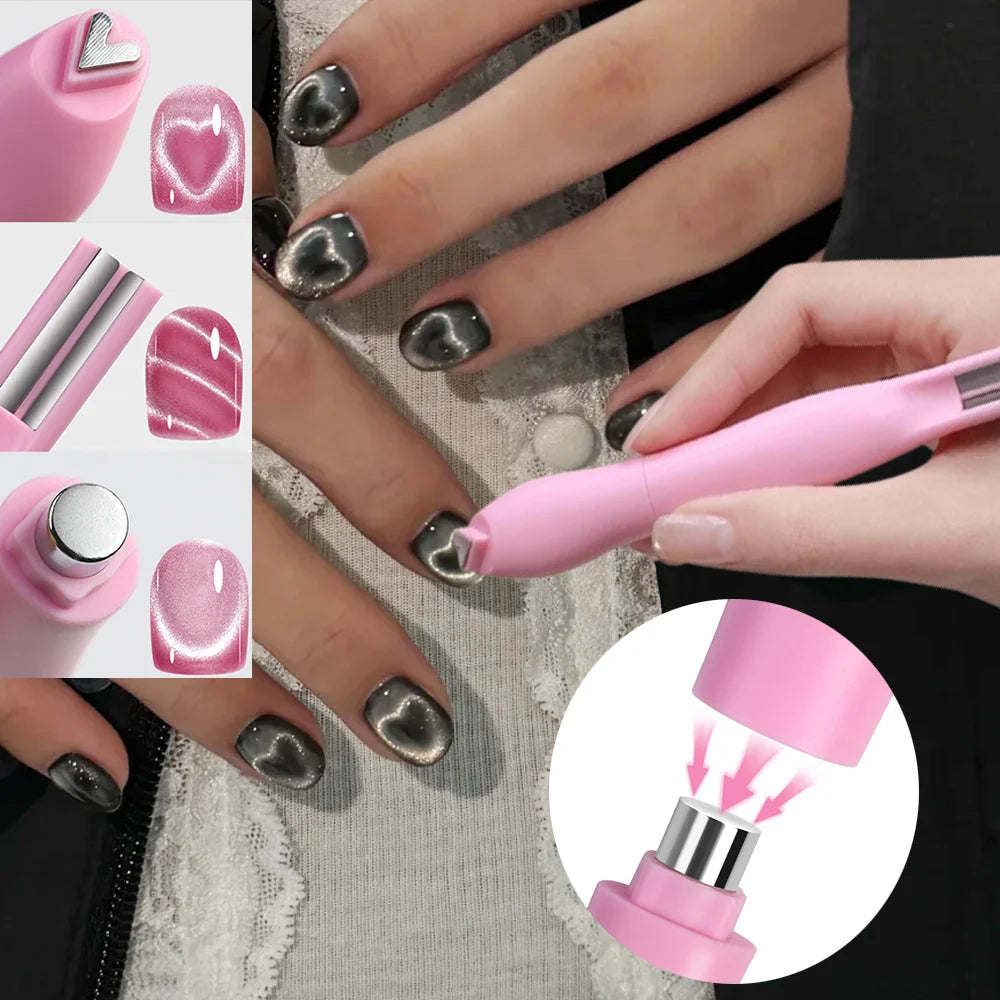 1Pcs 3-In-1 Heart Shape Cat Eye Nail Art Magnet Double Line Moon Snake French Magnet Pen for Magnetic Gel Polish Manicure To…