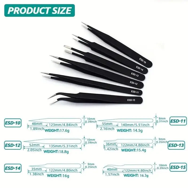 6pcs Precision Long Tweezers Set ESD Anti-Static Stainless SteelTweezers Repair Tools For Electronics Repair Soldering Craft…