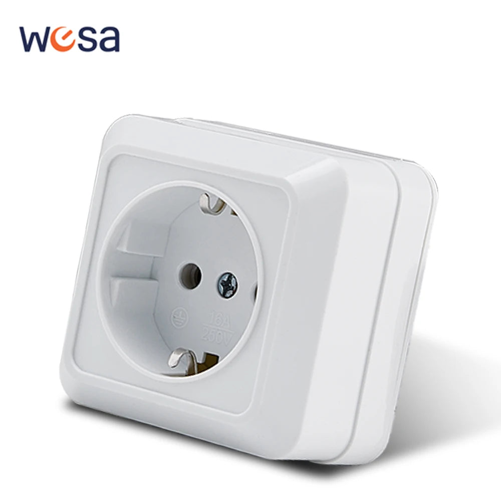 WESA White Wall Surface 2 Sockets Plugs EU Exterior Electrical Outlets With Ground Power Socket Flame Retardant Paint Plasti…