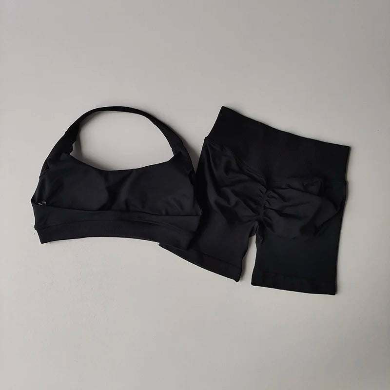 Sexy Halter Neck Beautiful Back High Waist Peach Sports Bras Shorts Suit Pilates Gathering Yoga Vest Training Fitness Bra Se…