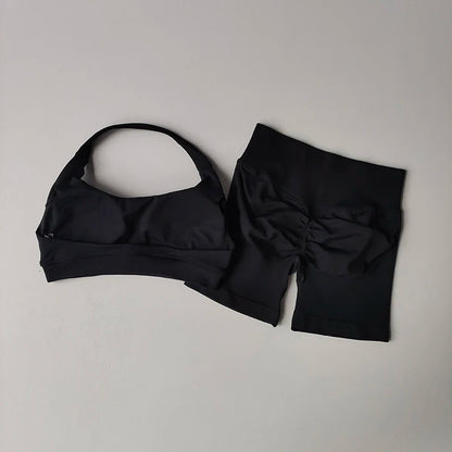 Sexy Halter Neck Beautiful Back High Waist Peach Sports Bras Shorts Suit Pilates Gathering Yoga Vest Training Fitness Bra Se…