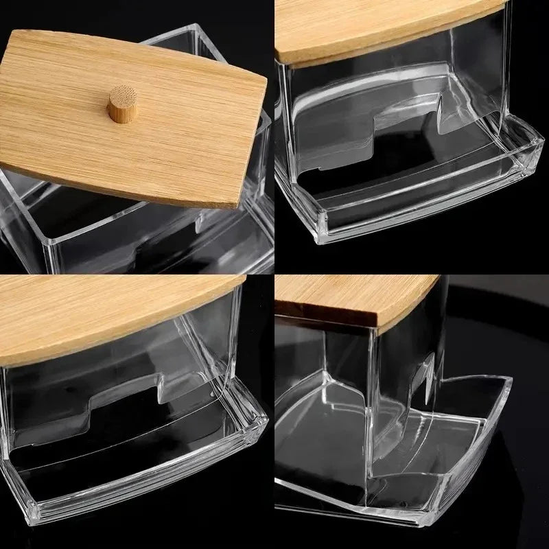 Cotton Swab Storage Box Double Head Cotton Buds Container Transparent Square Bamboo Cover Cotton Swab Toothpick Organize Box…