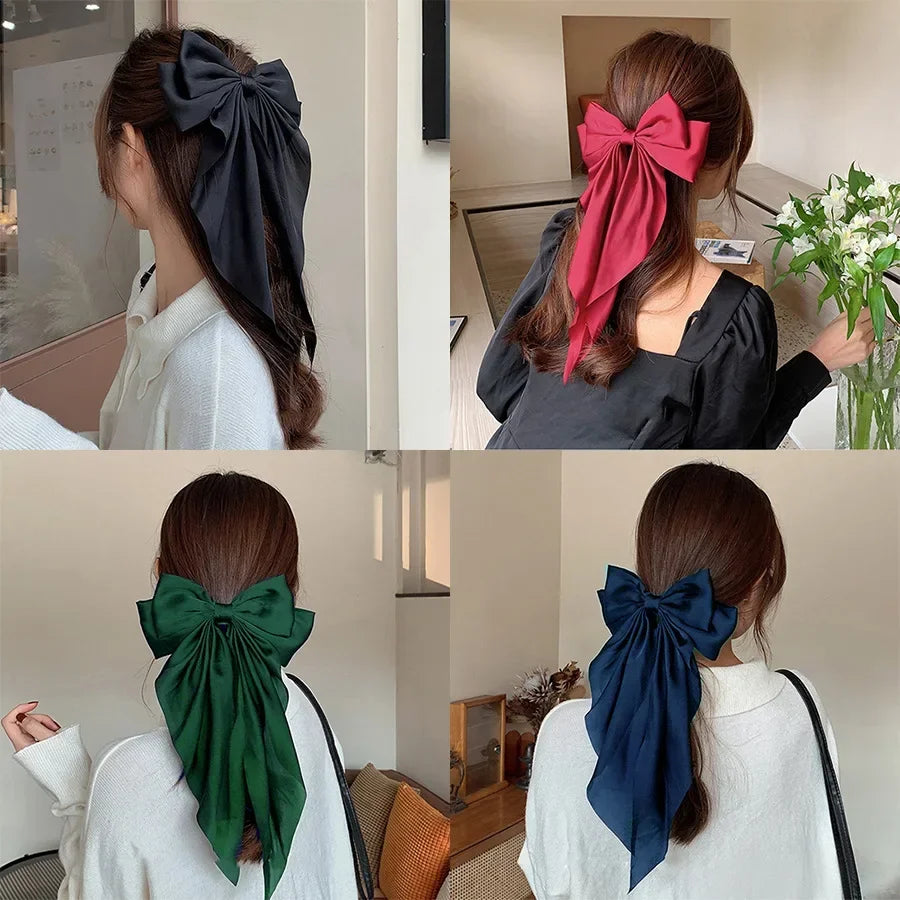 Korean Accessories Hair Clips for Women Girls Big Bowknot Solid Satin Long Ribbon Bows Spring Clamp Barette Cheveux Femme 20…