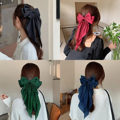 Korean Accessories Hair Clips for Women Girls Big Bowknot Solid Satin Long Ribbon Bows Spring Clamp Barette Cheveux Femme 20…