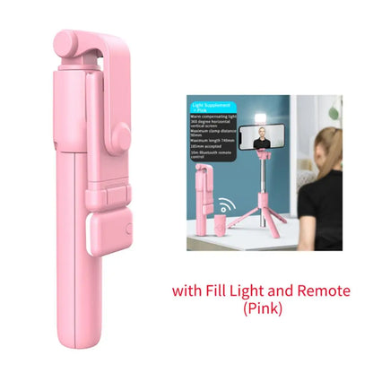 Portable Bluetooth Selfie Stick Tripod Holder with Remote Shutter Fill Light Extendable Wireless Remote Retractable Phone St…