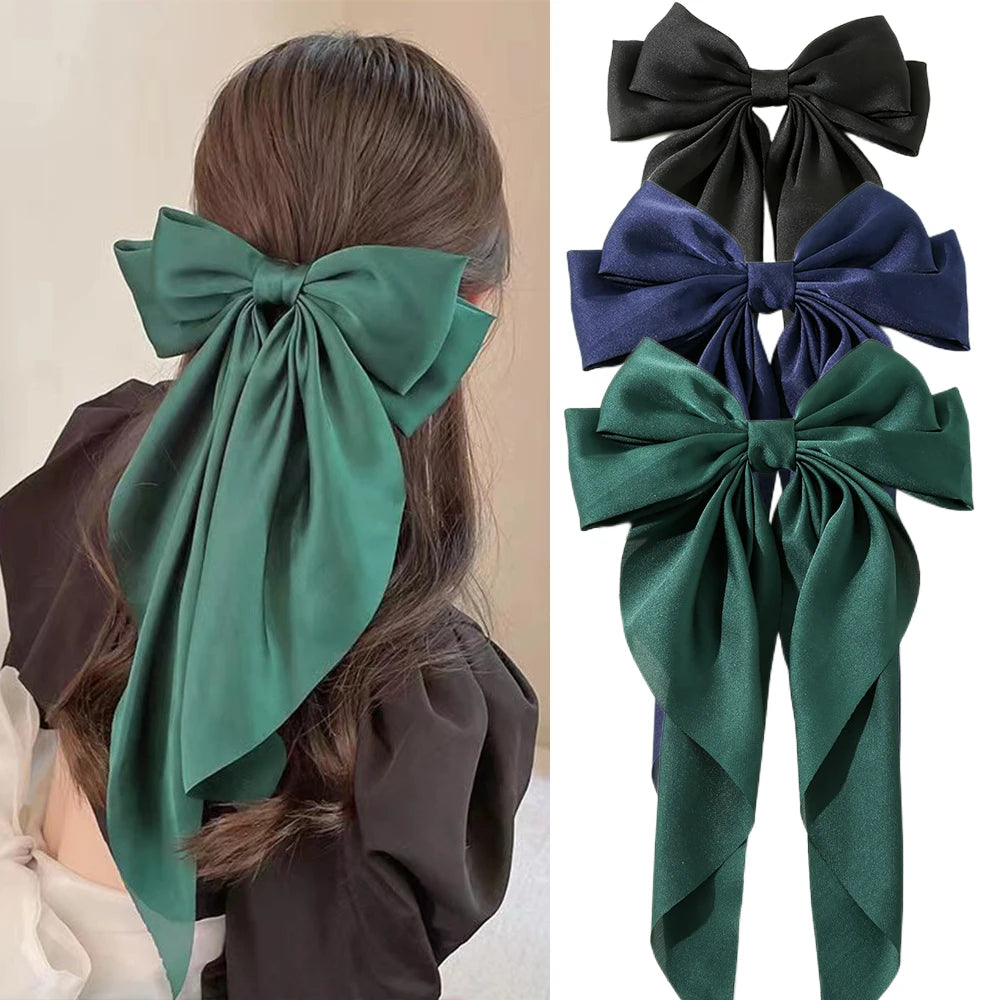 Korean Accessories Hair Clips for Women Girls Big Bowknot Solid Satin Long Ribbon Bows Spring Clamp Barette Cheveux Femme 20…