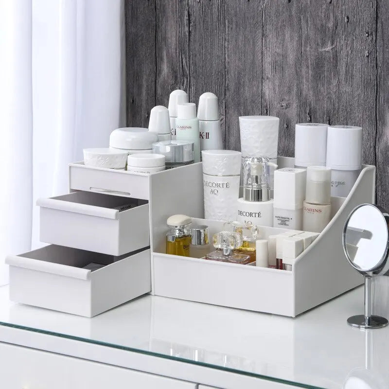 1pc White New Drawer Makeup Storage Box Dormitory Finishing Plastic Shelf Cosmetics Skin Care Dressing Table Desktop - image…