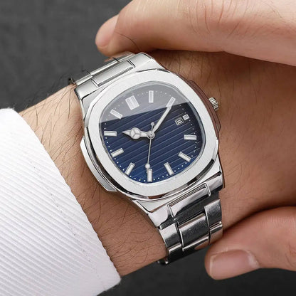 Luxury Men Business Watches Fashion Square Dial Stainless Steel Strap Quartz Watch with Calendar For Mens Clock（Without Box）…